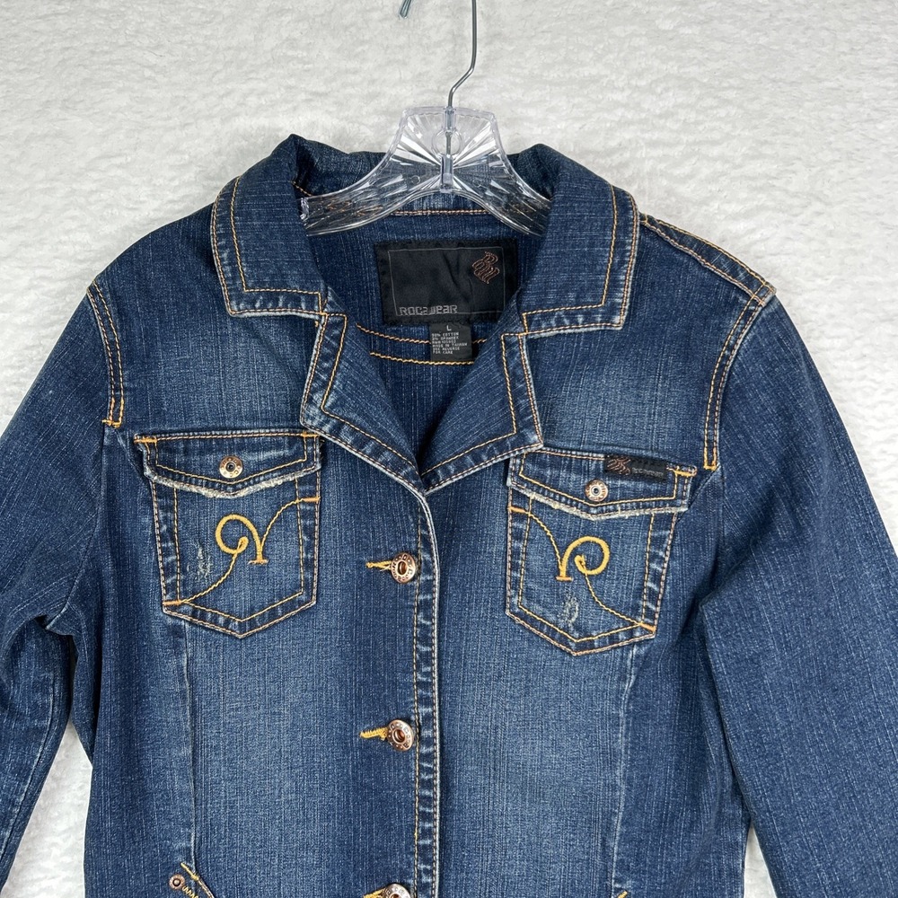 NWT ROCAWEAR Denim Blue Jean Jacket Embroidered Logo Y2K Women's Large - Picture 5 of 13